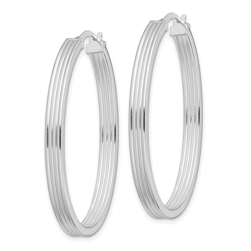 Sterling Silver Rhod-Plated Polished & Striped 4mm Oval Hoop Earrings