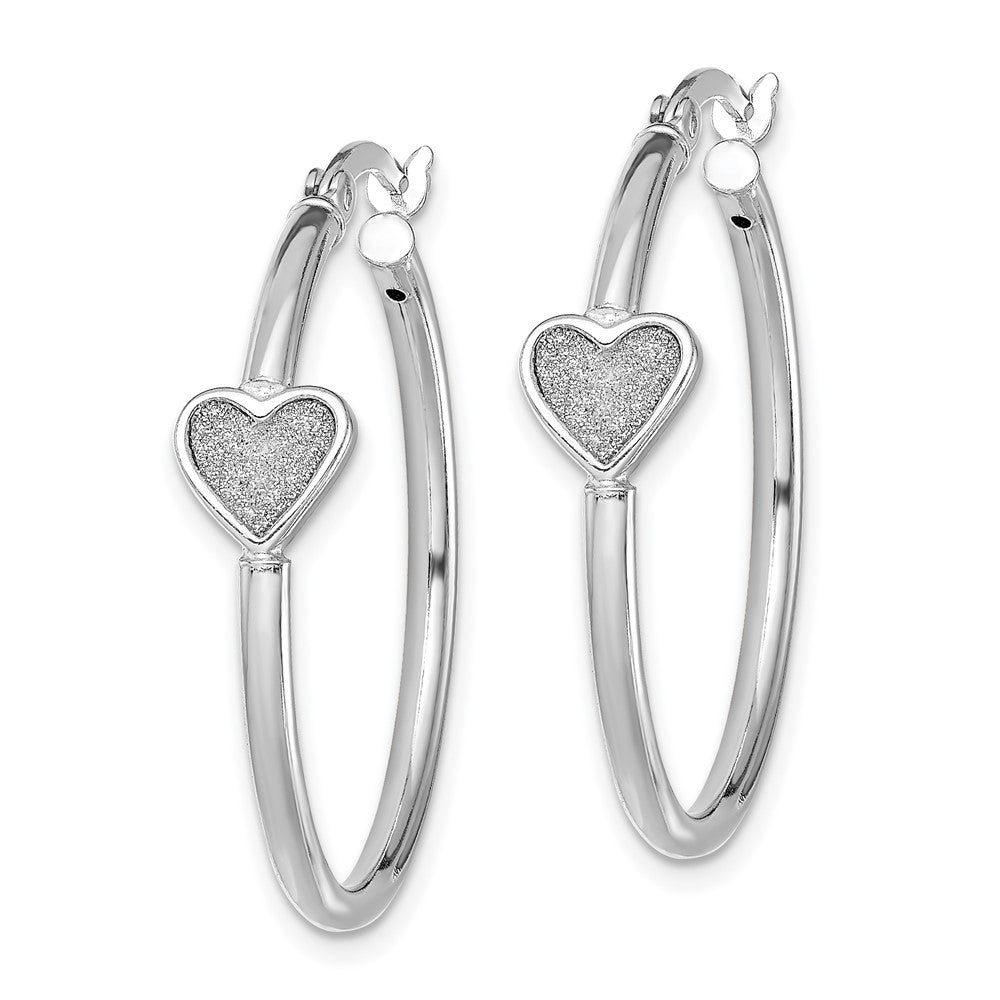 Sterling Silver Rh-Plated Enamel Glitter Fabric Heart Round Hoop Earrings