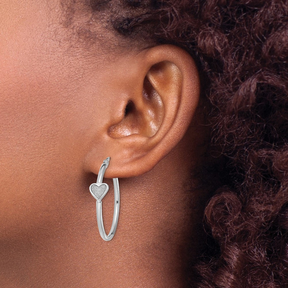 Sterling Silver Rh-Plated Enamel Glitter Fabric Heart Round Hoop Earrings