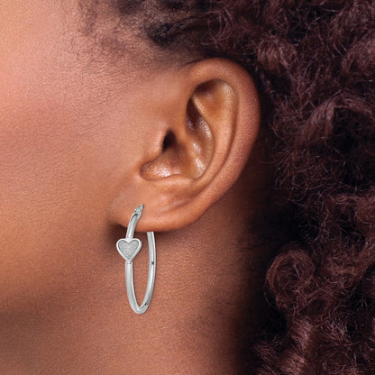 Sterling Silver Rh-Plated Enamel Glitter Fabric Heart Round Hoop Earrings