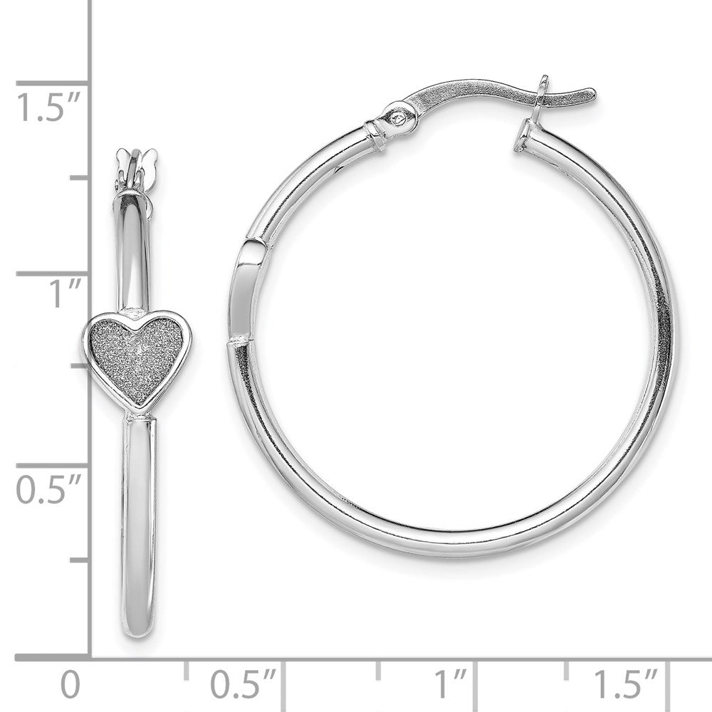 Sterling Silver Rh-Plated Enamel Glitter Fabric Heart Round Hoop Earrings