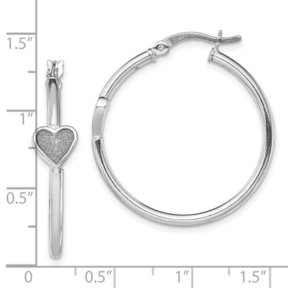 Sterling Silver Rh-Plated Enamel Glitter Fabric Heart Round Hoop Earrings