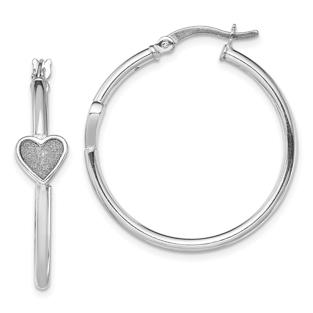 Sterling Silver Rh-Plated Enamel Glitter Fabric Heart Round Hoop Earrings