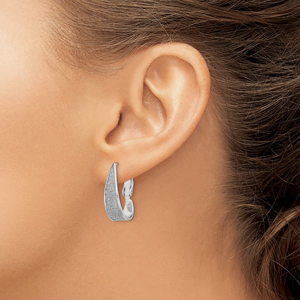 Sterling Silver Rh-Pltd Enamel Glitter Fabric Omega Back J-Hoop Earrings