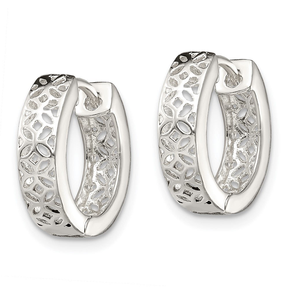 Sterling Silver Polished Cut-Out Design Hinged Hoop Earrings