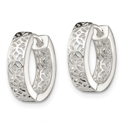 Sterling Silver Polished Cut-Out Design Hinged Hoop Earrings