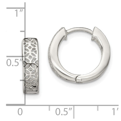 Sterling Silver Polished Cut-Out Design Hinged Hoop Earrings