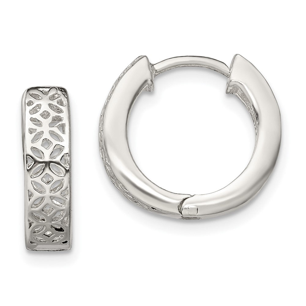 Sterling Silver Polished Cut-Out Design Hinged Hoop Earrings