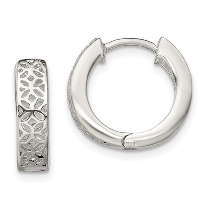 Sterling Silver Polished Cut-Out Design Hinged Hoop Earrings