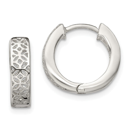 Sterling Silver Polished Cut-Out Design Hinged Hoop Earrings