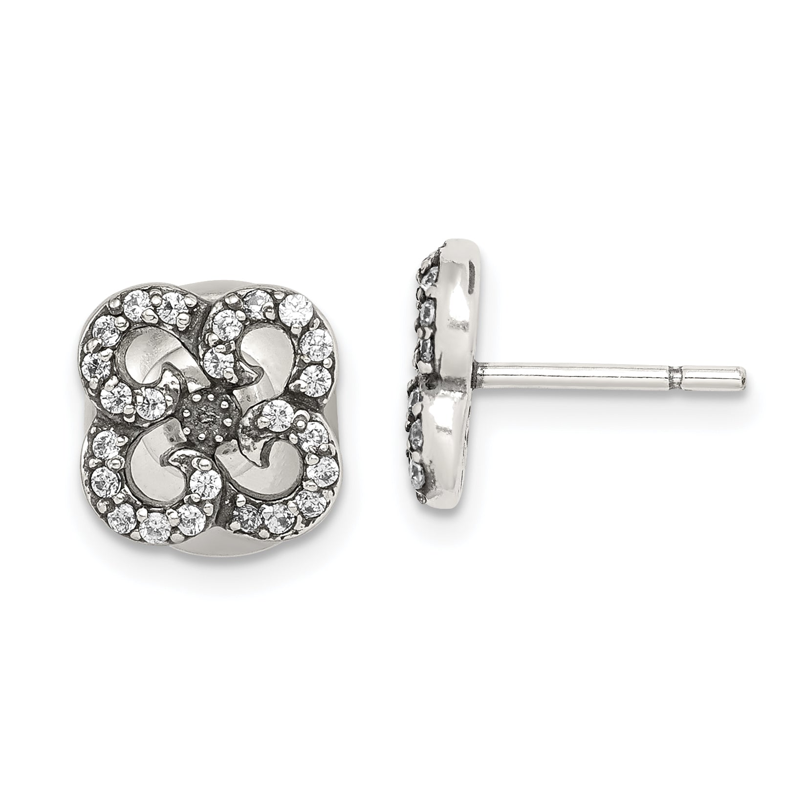 Sterling Silver Antiqued Cz Flower Front & Back Post Earrings