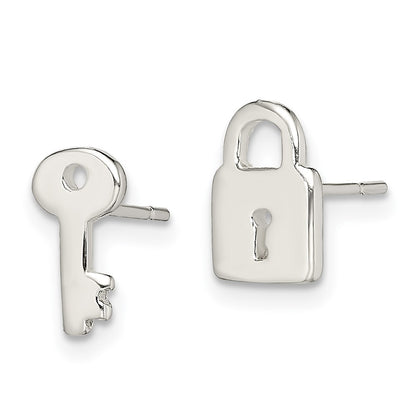 Sterling Silver Polished Left And Right Lock/Key Post Earrings