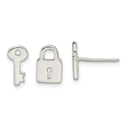 Sterling Silver Polished Left And Right Lock/Key Post Earrings