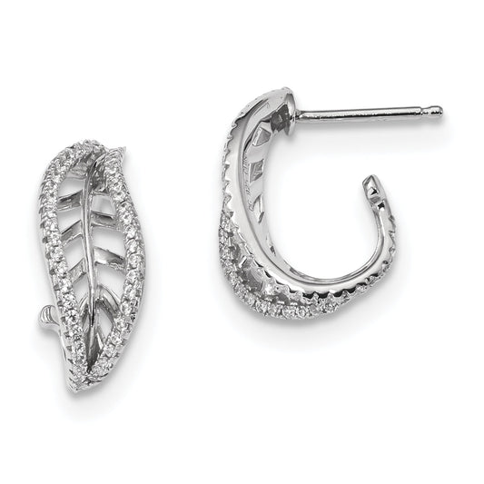 Sterling Silver Rhodium-Plated Cz J-Hoop Leaf Post Earrings