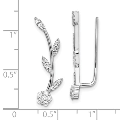 Sterling Silver Rhodium-Plated Polished Cz Flower W/Stem Ear Climber Earrin