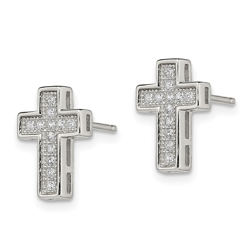 Sterling Silver Rhodium-Plated Cz Cross Post Earrings