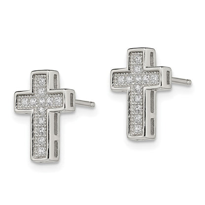 Sterling Silver Rhodium-Plated Cz Cross Post Earrings