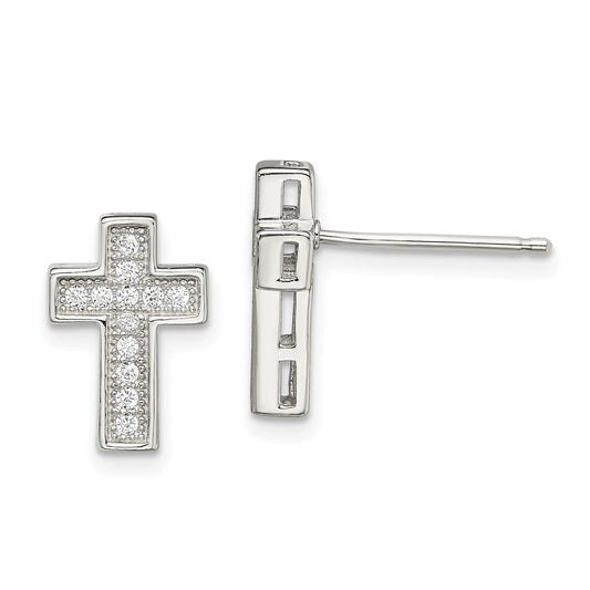 Sterling Silver Rhodium-Plated Cz Cross Post Earrings