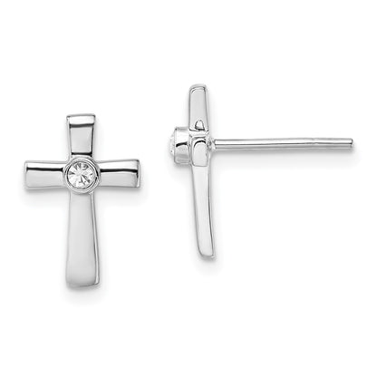 Sterling Silver Rhodium-Plated Polished Cz Cross Post Earrings