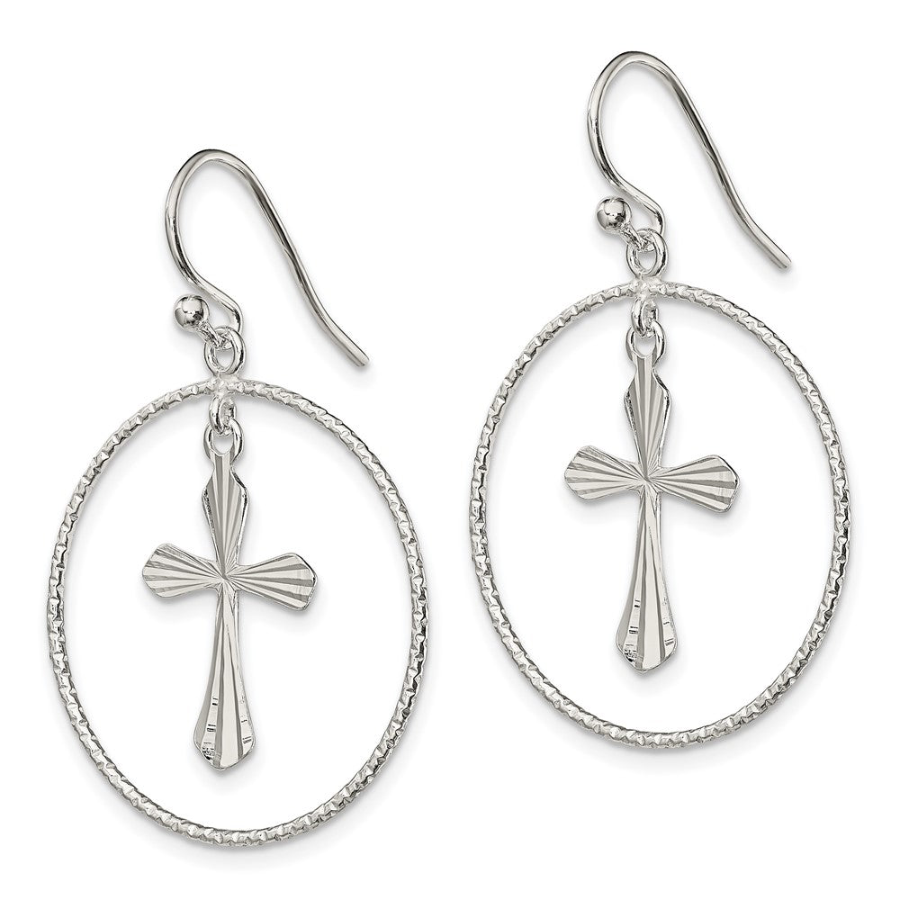 Sterling Silver Polished & Diamond-Cut Cross Circle Dangle Earrings