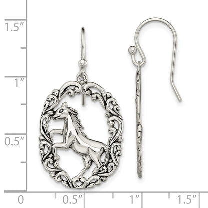 Sterling Silver Antiqued Horse Dangle Shepherds Hook Earrings