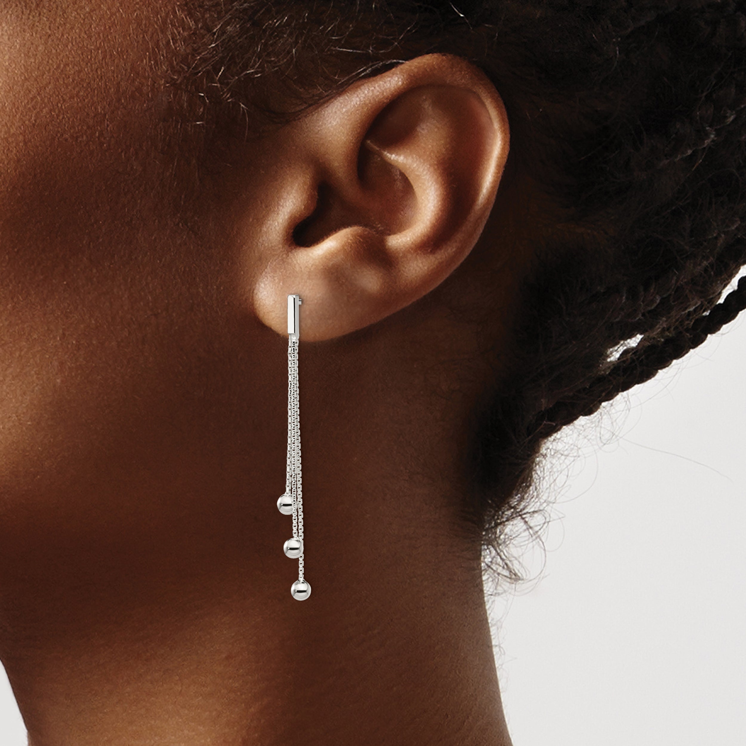 Sterling Silver Polished 3-Strand Chain & Beaded Post Dangle Earrings
