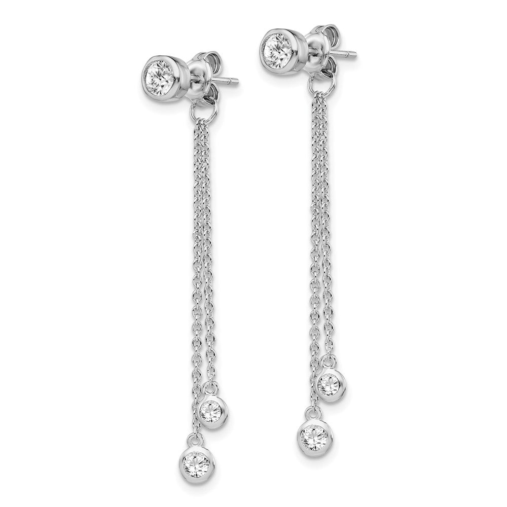Sterling Silver Rh-Plated Cz & Chain Front Back Post Dangle Earrings