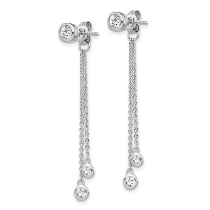 Sterling Silver Rh-Plated Cz & Chain Front Back Post Dangle Earrings