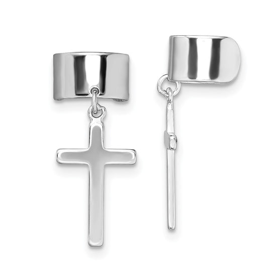 Sterling Silver Rhodium-Plated Polished Cross Pair Of Cuff Earrings