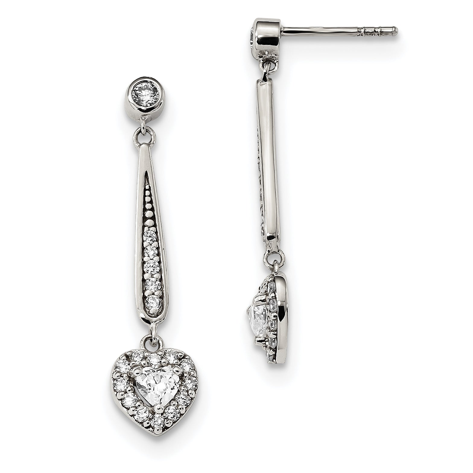 Sterling Silver Fancy Cz Heart Dangle Post Earrings