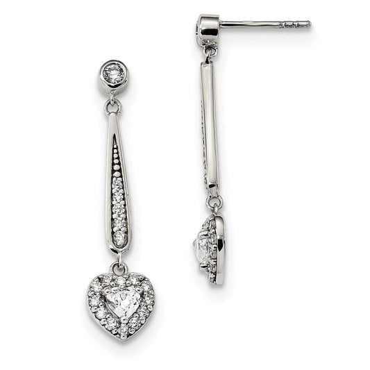 Sterling Silver Fancy Cz Heart Dangle Post Earrings