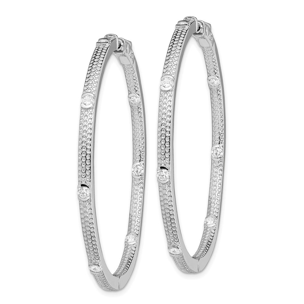Sterling Silver Rhod-Plated Cz In/Out Round Hinged Hoop Earrings