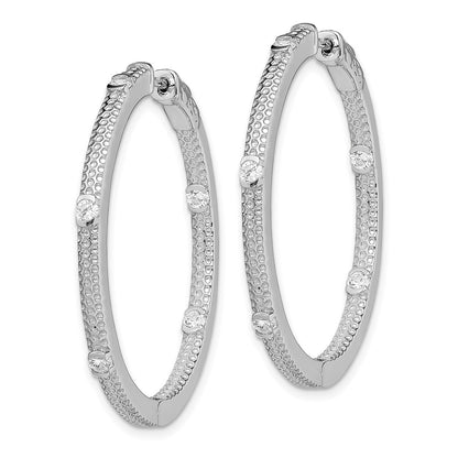 Sterling Silver Rhod-Plated Cz In/Out Round Hinged Hoop Earrings