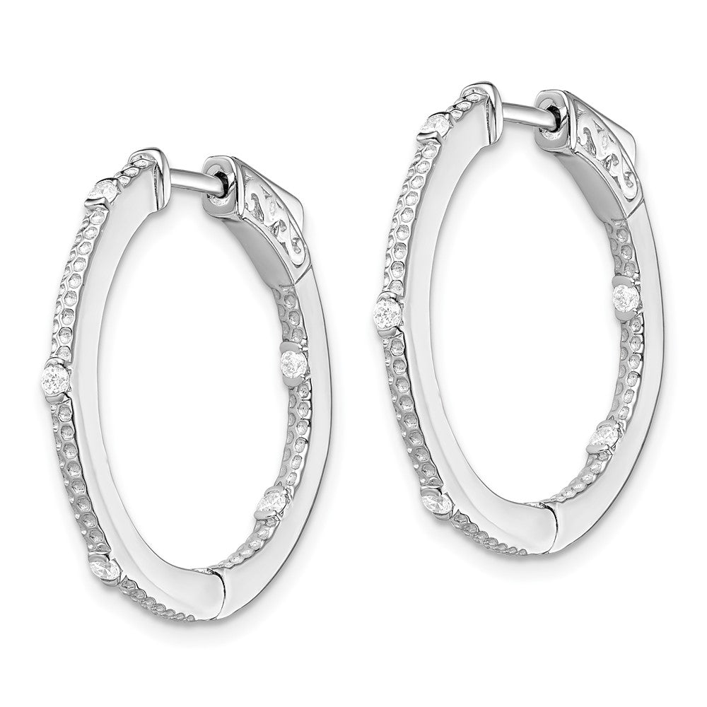 Sterling Silver Rhod-Plated Cz In/Out Round Hinged Hoop Earrings
