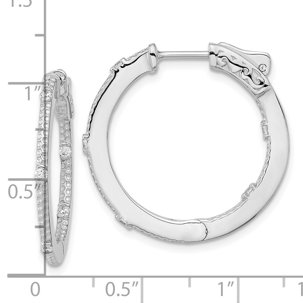 Sterling Silver Rhod-Plated Cz In/Out Round Hinged Hoop Earrings