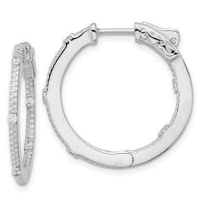 Sterling Silver Rhod-Plated Cz In/Out Round Hinged Hoop Earrings