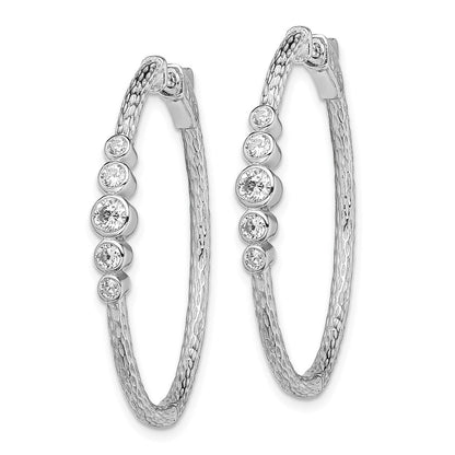 Sterling Silver Rhodium-Plated Cz Textured Hoop Earrings