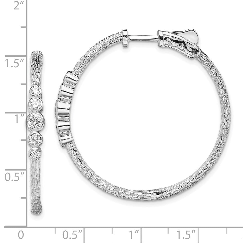 Sterling Silver Rhodium-Plated Cz Textured Hoop Earrings