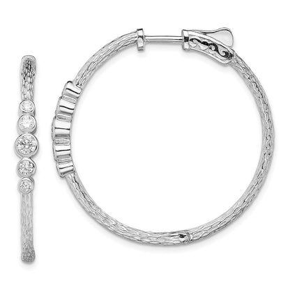 Sterling Silver Rhodium-Plated Cz Textured Hoop Earrings