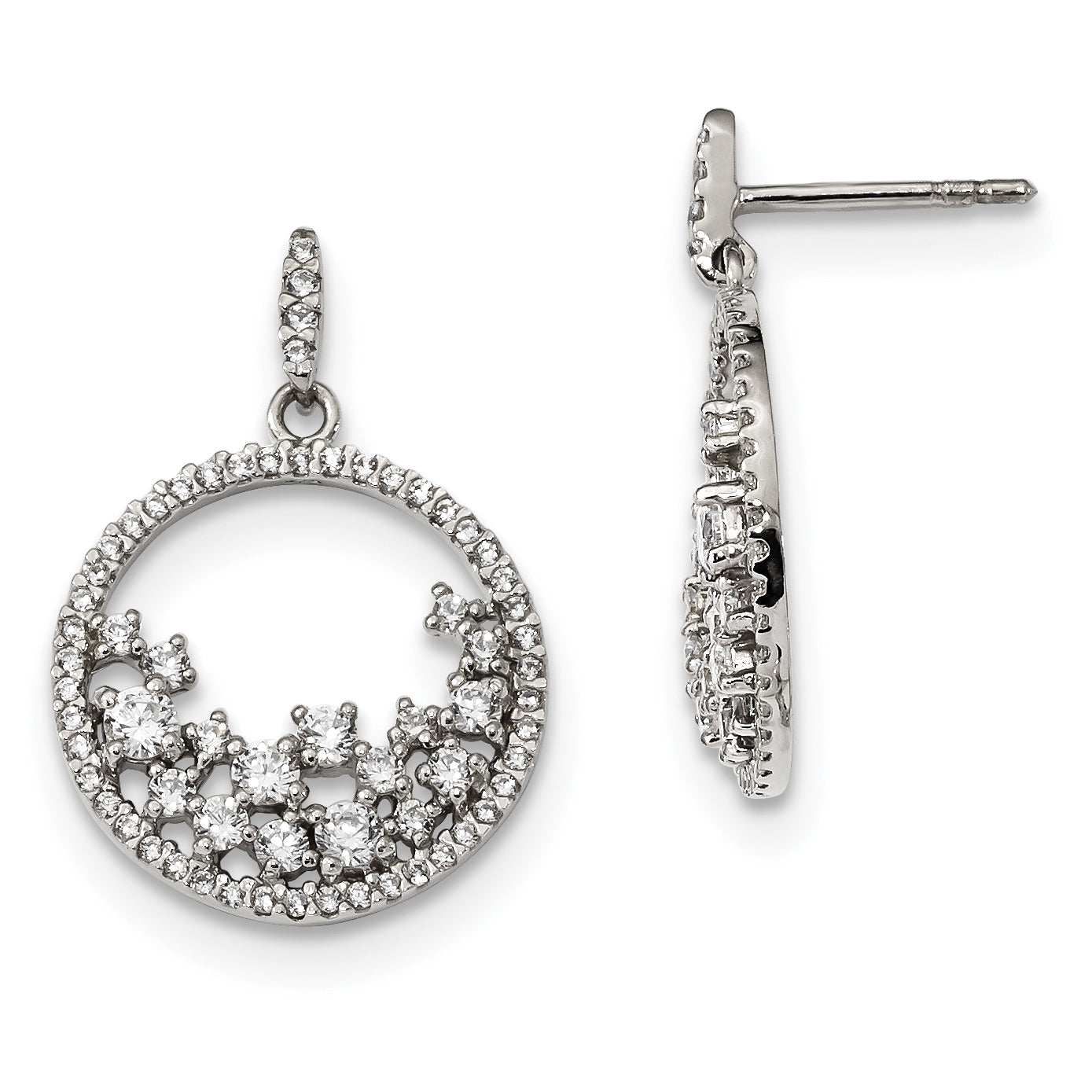 Sterling Silver Cz Circle Dangle Post Earrings