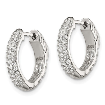 Sterling Silver Rhod-Plated Pav Cz Safety Lock Hinged Hoop Earrings