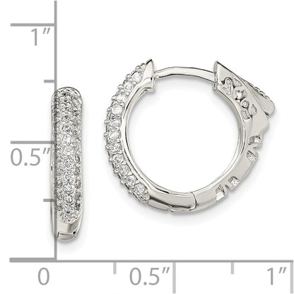 Sterling Silver Rhod-Plated Pav Cz Safety Lock Hinged Hoop Earrings