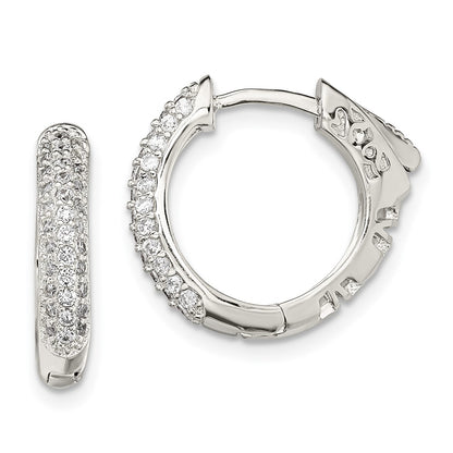 Sterling Silver Rhod-Plated Pav Cz Safety Lock Hinged Hoop Earrings