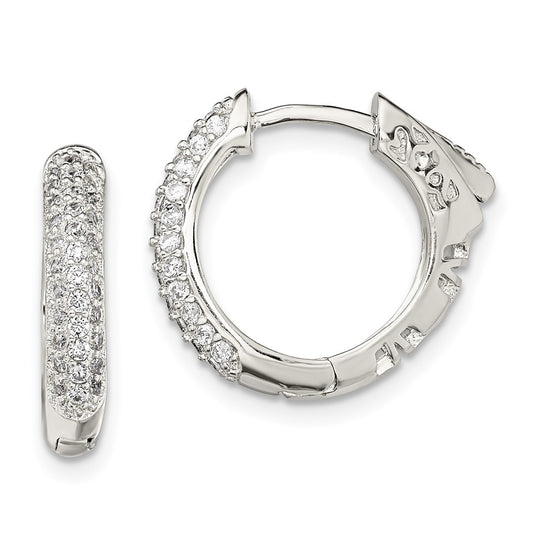 Sterling Silver Rhod-Plated Pav Cz Safety Lock Hinged Hoop Earrings
