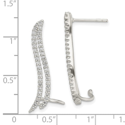 Sterling Silver Polished Cz Double Row Post & Cuff Ear Climber Earrings
