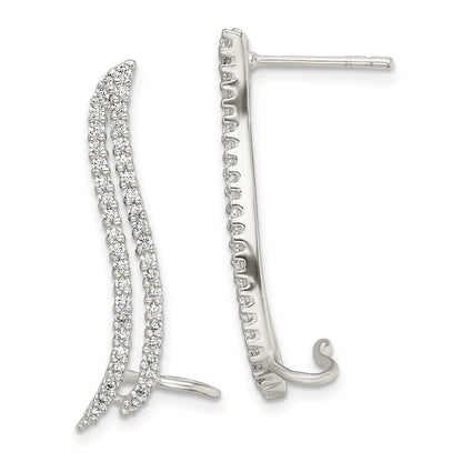 Sterling Silver Polished Cz Double Row Post & Cuff Ear Climber Earrings