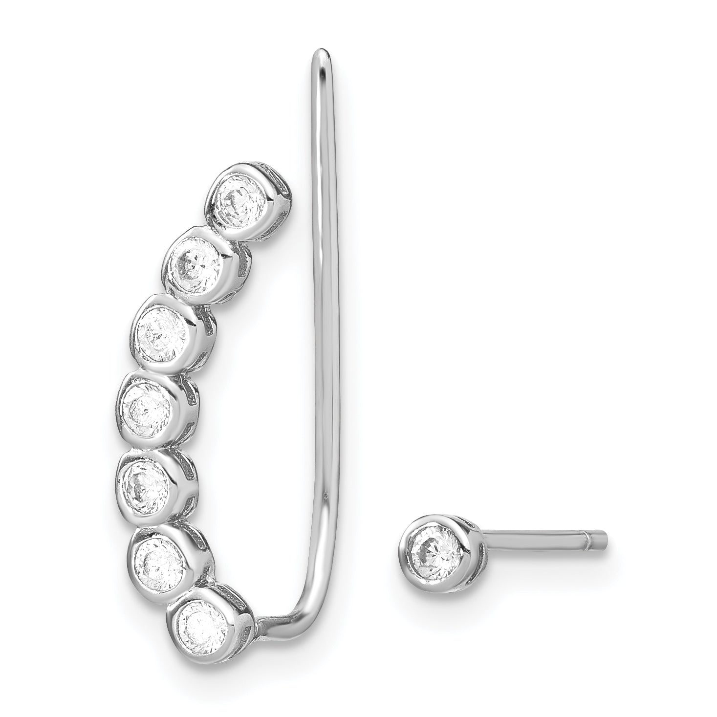 Sterling Silver Rhodium-Plated Polished Cz 1 Ear Climber & Stud Earring