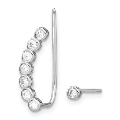 Sterling Silver Rhodium-Plated Polished Cz 1 Ear Climber & Stud Earring
