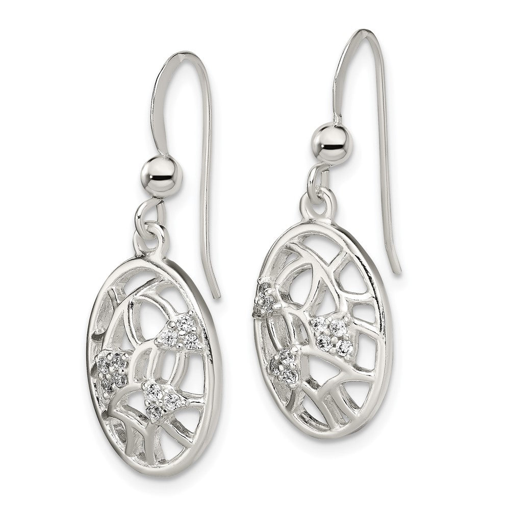Sterling Silver Polished Cz Oval Dangle Shepherd Hook Earrings