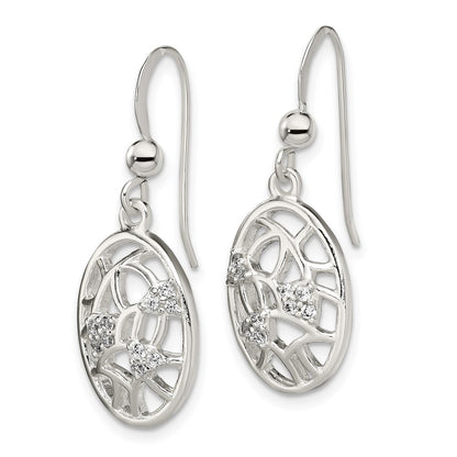 Sterling Silver Polished Cz Oval Dangle Shepherd Hook Earrings